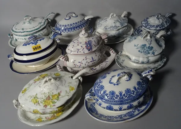 A group of nine ceramic tureens and covers including 'Lucern' and 'British Anchor', (9).