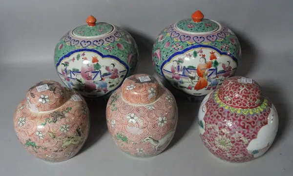 Asian ceramics, a group of eleven modern ginger jars and covers of various styles, the largest 21cm high, (11).