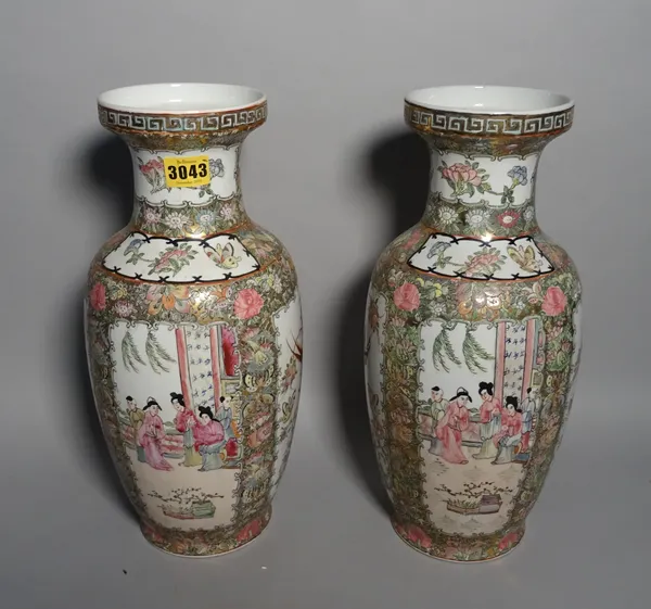 A pair of modern famille rose decorated baluster vases, 37cm high, (2).