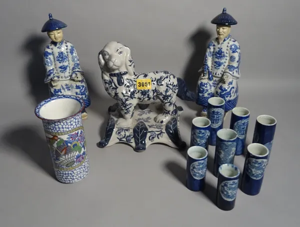 Modern Asian ceramics including a pair of figures, 26cm high, a blue and white figure of a dog, 20cm wide x 20cm high, and eight further blue and whit