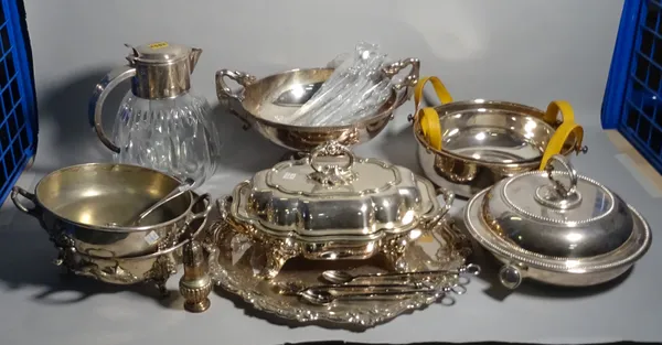 Silver plated wares, including a modern twin handed centre bowl, two silver plated bowls by Harrods and a cut glass and silver plated mounted claret j