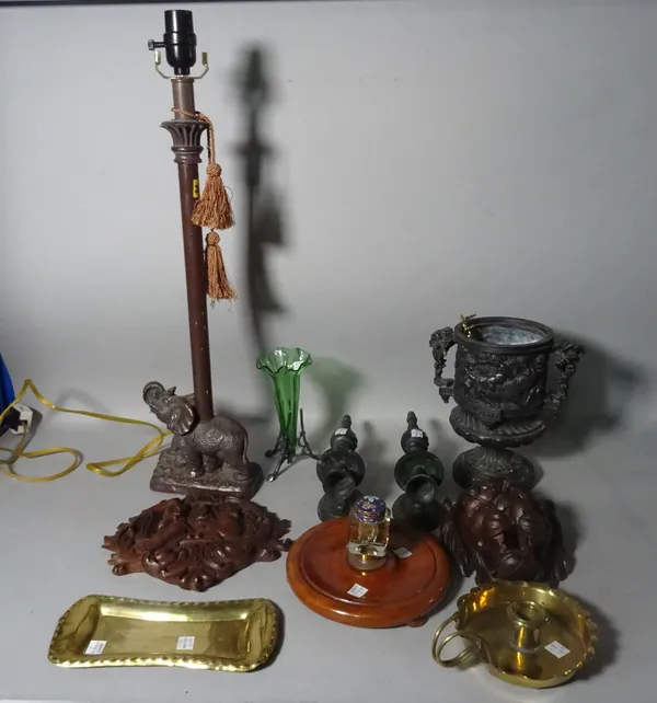 Collectables including; carved wooden items, bronze candlesticks, a brass chamberstick, a wooden inkstand and sundry items, (qty).