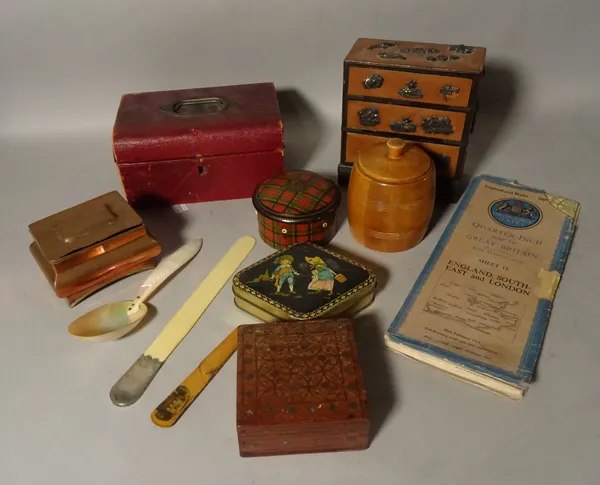 Collectables, including; an early 20th century black lacquer miniature chest of drawers, 15cm wide x 17cm high, an early 20th century red leather box,