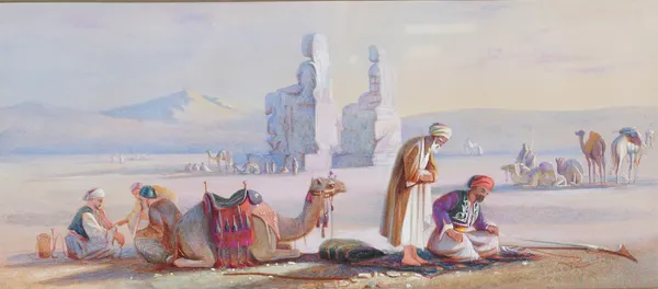 English School (19th century), Desert scene with Arab figures, watercolour and bodycolour, 18cm x 41.5cm.