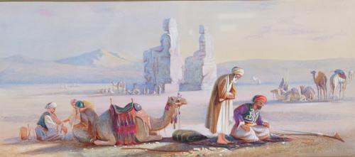 English School (19th century), Desert scene with Arab figures, watercolour and bodycolour, 18cm x 41.5cm.