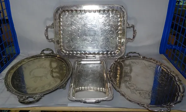 Silver plated wares, comprising seven twin handled serving trays, the largest 62cm wide, (7).