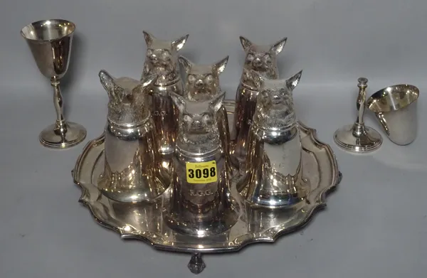 A group of six silver plated cups decorated with foxes, two silver plated goblets and a salver, (qty).