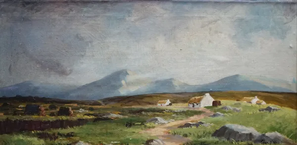 Sean O'Neill (Irish, 20th Century), Peat Stacks and Cottages, Donegal, signed 'Sean O'Neill' (lower right) and inscribed with title (verso), oil on bo