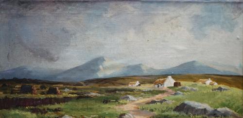 Sean O'Neill (Irish, 20th Century), Peat Stacks and Cottages, Donegal, signed 'Sean O'Neill' (lower right) and inscribed with title (verso), oil on bo