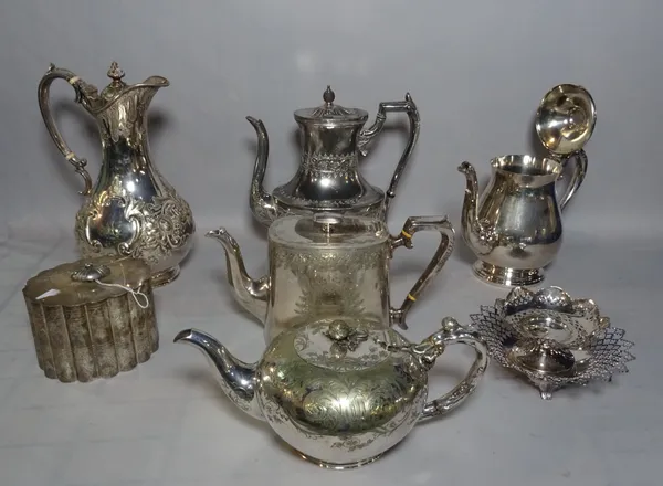 Silver plated wares including tea pots, baskets and sundry, (qty).