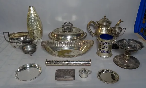 Silver plated wares, including entree dishes, tea sets and sundry, (qty).