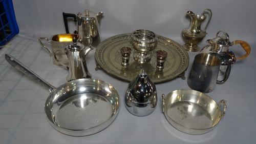 Silver plated wares, including tea sets, trays and bowls.