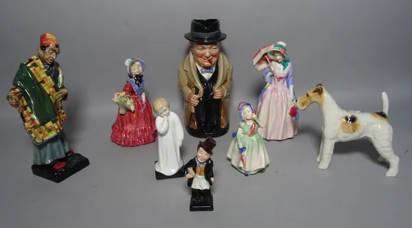 Royal Doulton figures including, Carpet Seller, 22cm high, a jug formed as Churchill, 23cm high, Lady Betty and sundry, (qty).