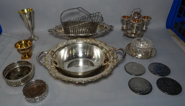 Silver plated wares, including; a wine bottle holder, egg stands, and sundry, (qty).