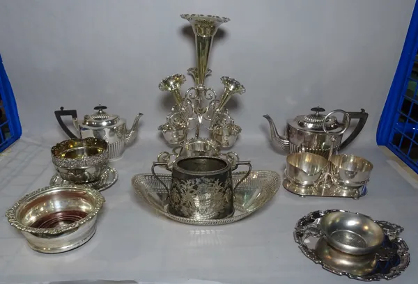 Silver plated wares, including; tea sets, wine coolers, baskets and sundry, (qty).