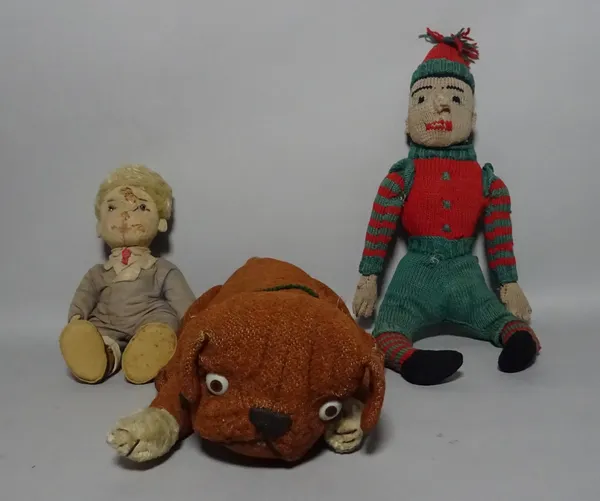 A group of three early 20th century stuffed toys, one formed as a dog, 35cm wide, (3).