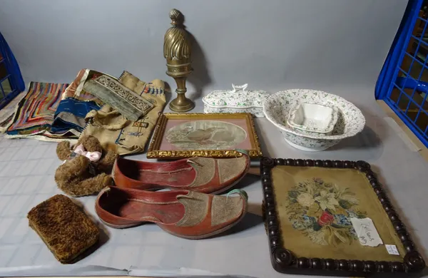 Collectables including; a pair of eastern decorative shoes, floral needlework picture, brass castors, scale weights and sundry, (qty)