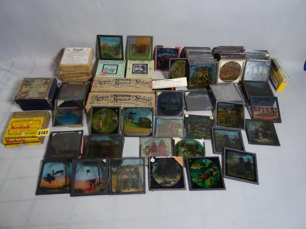 A quantity of magic lantern slides including illustrations, Fairy Tales, comic and "Lantern Lectures Series One Animals" (qty).