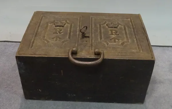 An early 20th century iron strong box, 45cm wide x 22cm high, (a.f).