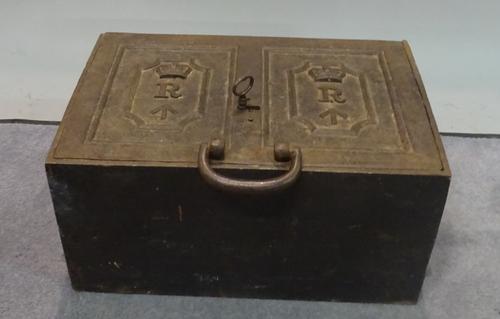 An early 20th century iron strong box, 45cm wide x 22cm high, (a.f).