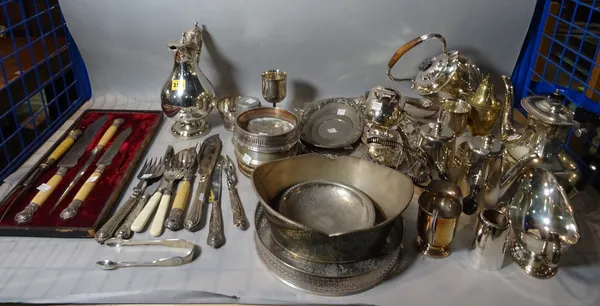 Silver and plated wares including tea pots, jugs, carving sets, salvers and sundry (qty).