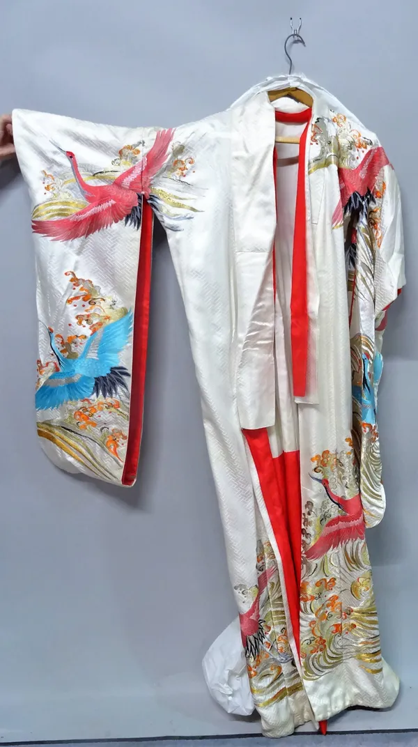 A modern silk Kimono decorated with embroidered herons, 125cm wide x 170cm high.