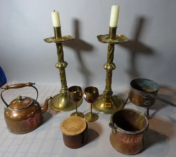 Metalware collectables including a pair of brass candlesticks, 42cm high, a 19th century copper pan, a kettle and bucket and a pair of goblets and sun