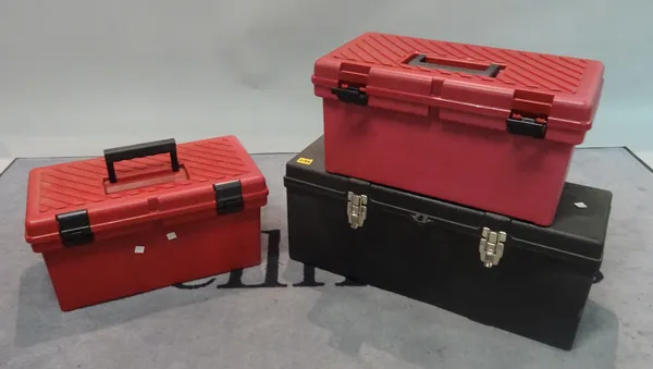 A 'Tuff Box' black plastic rectangular toolbox and two red plastic tool boxes, the largest 65cm wide x 27cm high.