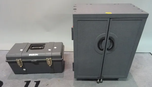 A grey plastic tool roller cabinet and a grey plastic 'stack-on' tool box, largest 45cm wide x 60cm high.