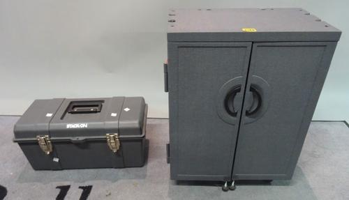 A grey plastic tool roller cabinet and a grey plastic 'stack-on' tool box, largest 45cm wide x 60cm high.
