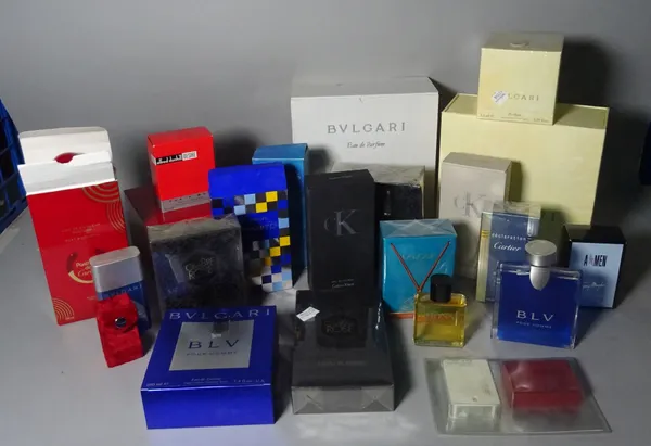 A quantity of modern mostly boxed perfume bottles including Cartier, Dunhill, Lalique, Bulgari and sundry (qty).