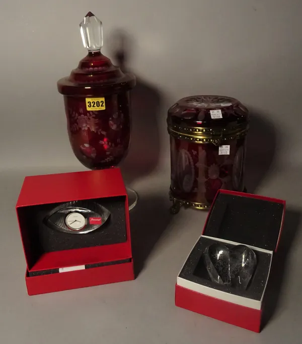 Baccarat, a modern glass heart shaped paperweight, a glass desk clock and two ruby flashed glass pots (4).