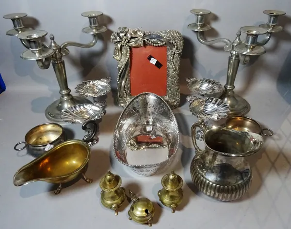 Silver plated wares, mostly modern including a pair of three branch candlesticks, 38cm high, goblets, jugs, trays, photograph frames and sundry (qty).