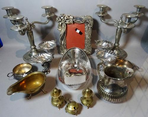 Silver plated wares, mostly modern including a pair of three branch candlesticks, 38cm high, goblets, jugs, trays, photograph frames and sundry (qty).