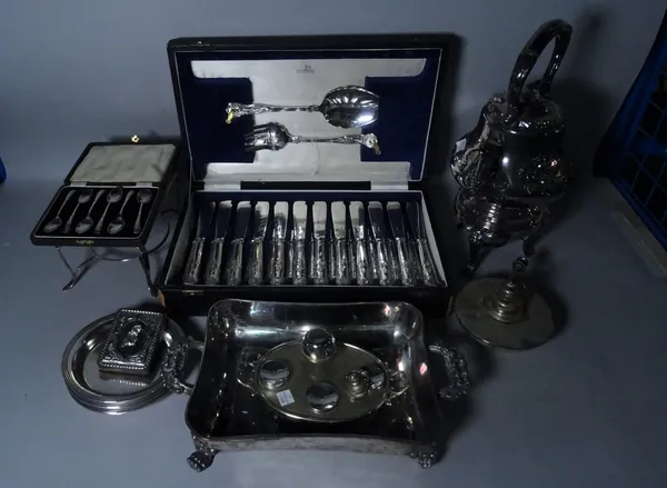 Silver plated wares, mostly modern including a quantity of salvers, cased flatware, a kettle on a stand, bowls and sundry (qty).