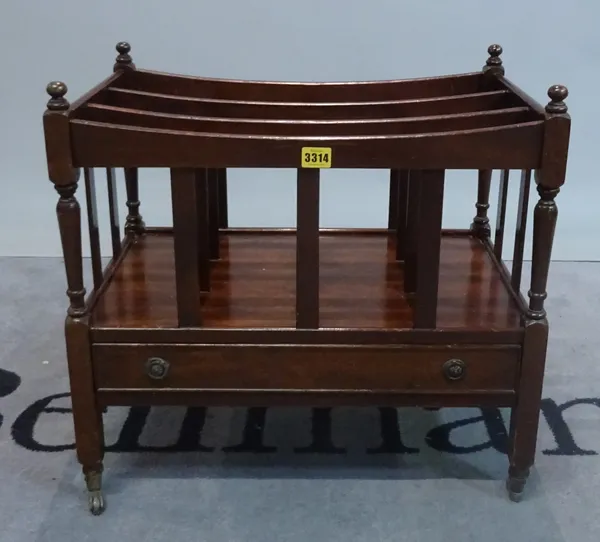 A George III style mahogany three division Canterbury with single drawer base on turned supports, 56cm x 53cm high.