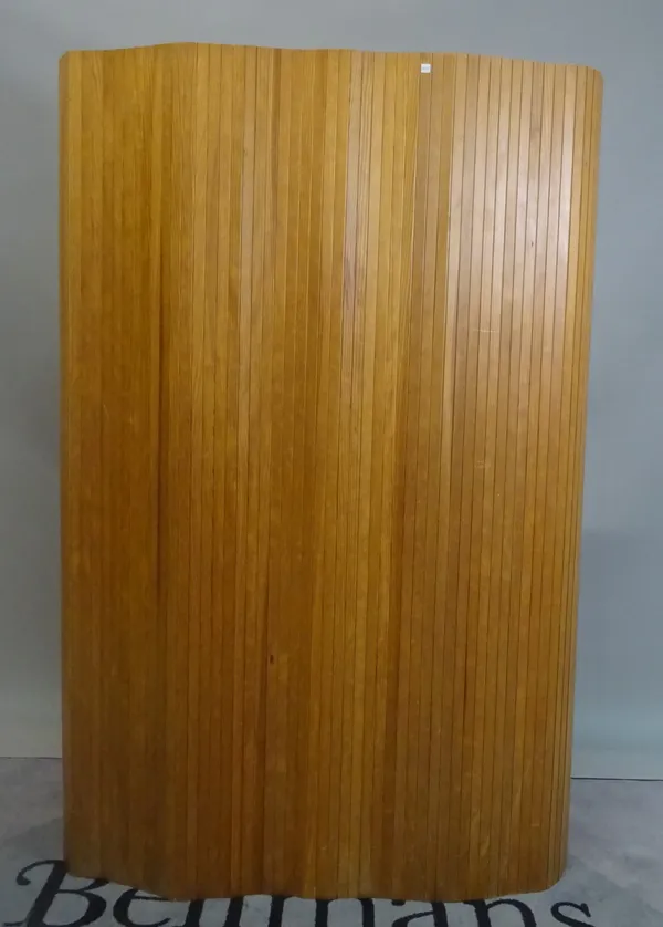 A 20th century pitch pine screen, of tambour construction, 200cm wide x 180cm high.