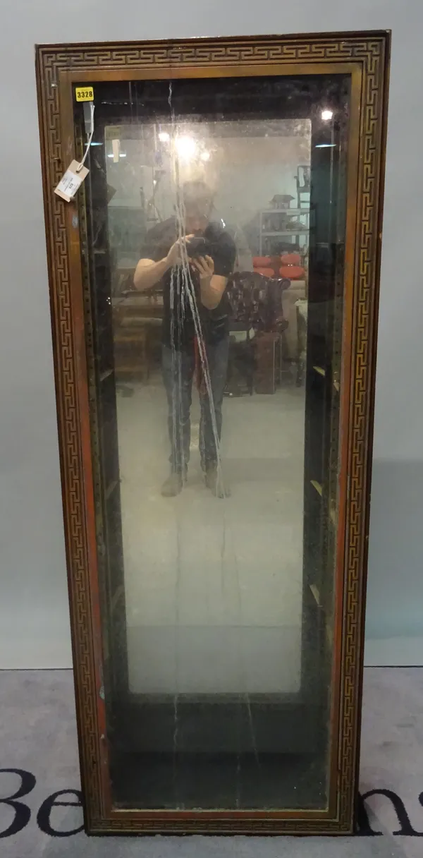 An early 20th century hardwood floor standing display cabinet with mirrored back, 64cm wide x 171cm high.