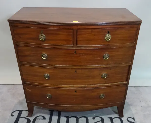 A late George III mahogany bowfront chest of two short and three long drawers, 97cm wide x 98cm high.