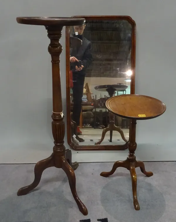 A Regency style mahogany jardiniere stand, 30cm wide x 92cm high, a late 19th century mahogany wine table with dished circular top on three downswept