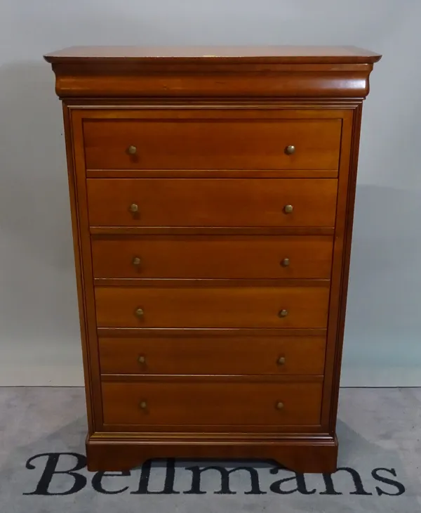 A modern stained beech tall chest of six long drawers, 91cm wide x 135cm high.