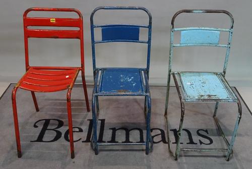A matched set of five metal bar back dining chairs, 34cm wide x 83cm high, (5).
