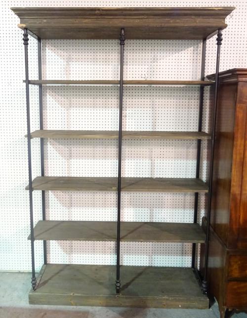 A modern metal framed and hardwood five tier open bookcase, 138cm wide x 220cm high.
