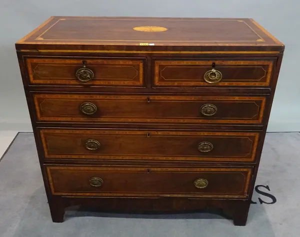 An Edwardian inlaid mahogany and satinwood banded chest of two short and three long graduated drawers on bracket feet, 98cm wide x 91cm high.