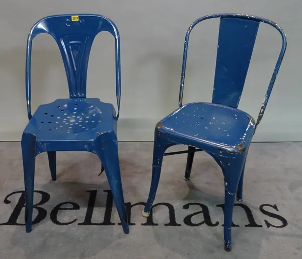 A set of five mid-20th century blue painted metal dining chairs, 37cm wide x 82cm high, and another similar pair of chairs, 34cm wide x 81cm high, (7)