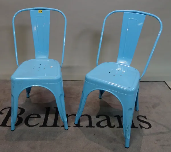 A set of seven modern blue painted metal dining chairs, 36cm wide x 85cm high, (7).