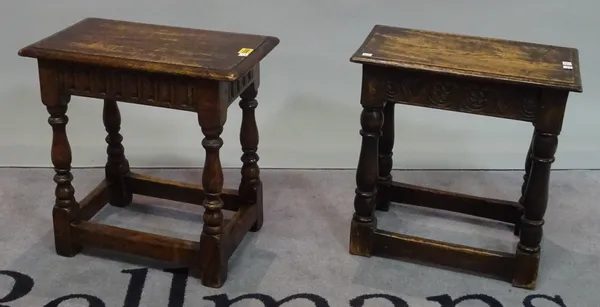 A 17th century style oak joint stool, on turned supports, 46cm wide x 46cm high, together with another similar, 44cm wide x 44cm high, (2).