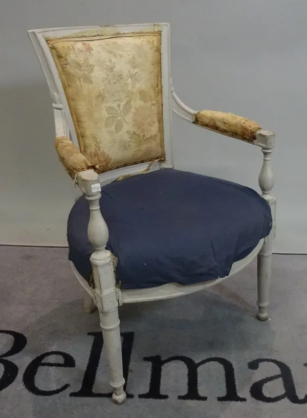 An 18th century French open armchair with bow seat and turned supports, later painted 57cm wide x 84cm high.