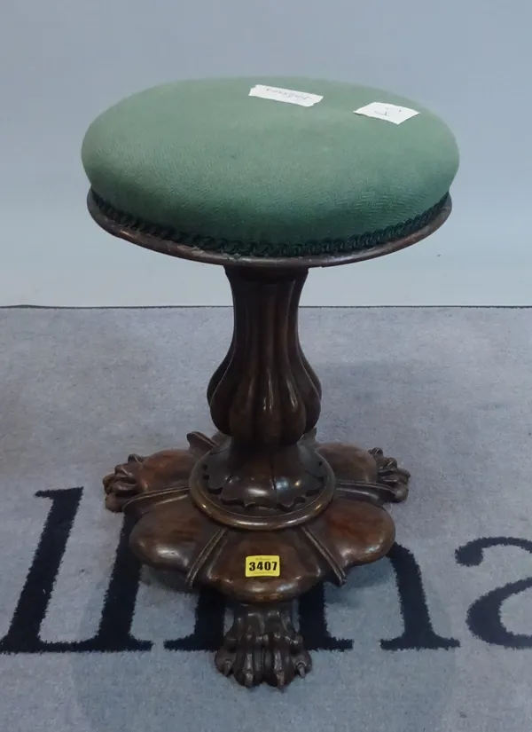 A Victorian rosewood piano stool on reeded column and claw feet 32 dia x 43cm high and a Louis XVI style mahogany framed side chair, 50cm wide x 89cm