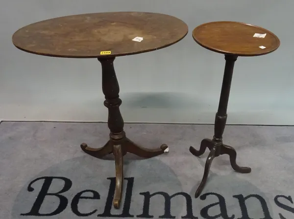 A late George III mahogany tripod table with oval top on turned column three outswept supports, 65cm wide x 73cm high and a George III style mahogany